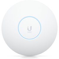 White Ubiquiti UniFi6 Enterprise access point with circular design and glowing blue LED ring.