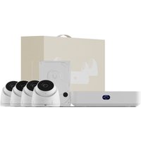 Ubiquiti UNVR-Instant-Kit with four white dome cameras, a beige box, and a sleek white network video recorder.