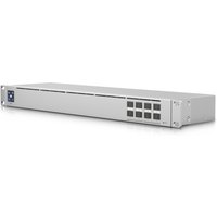 Silver Ubiquiti USW-AGGREGATION network switch, 1U rack-mountable, multiple Ethernet ports on front panel