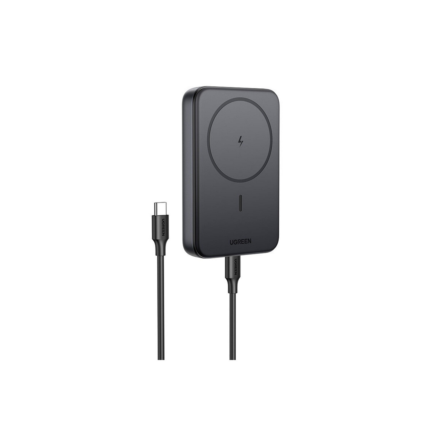 Grey Ugreen 10000mAh magnetic wireless power bank with a circular charging area, featuring a USB-C cable attached for charging.