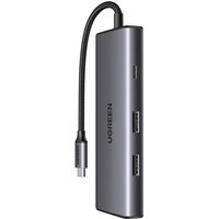 Grey Ugreen USB Type-C hub with three USB ports, Ethernet port, and attached cable.