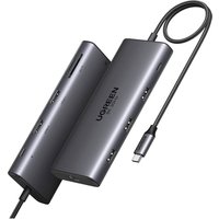Sleek gray Ugreen USB Type-C hub with multiple ports and attached cable, compact design for 5000 Mbit/s speed.