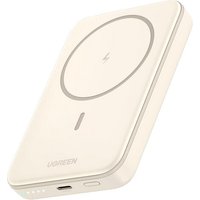 Beige Ugreen 10000 mAh power bank with wireless charging, circular charging pad, and USB port.
