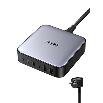 Ugreen 40914 Nexode 200W charger features a sleek silver and black design, with multiple USB-C and USB-A ports and a detachable power plug for versatile charging options.