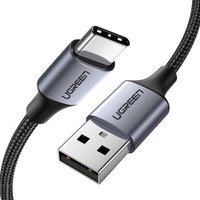 Black and grey Ugreen USB cable, 1m, with USB-C and USB-A connectors, braided exterior.