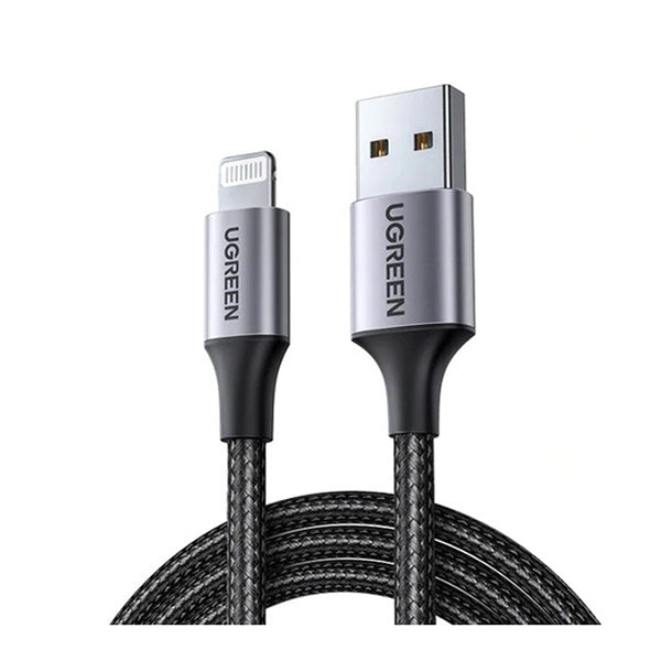 Black Ugreen 60158 Lightning cable, 2 meters long, featuring a durable braided design with silver connectors labeled "UGREEN" on both ends.