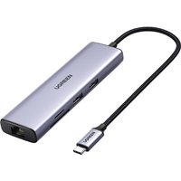 Silver Ugreen USB-C hub with 2 USB3.0 ports, HDMI, RJ45, SD/TF slots, and PD port, attached black cable.