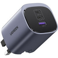 Ugreen 65W grey GaN charger with three ports, two USB-C and one USB-A, compact design with UK plug.