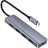Gray Ugreen USB-C hub with four USB 3.2 Gen 1 ports, sleek design, and attached cable.