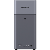 "Gray Ugreen DH2300 4GB RAM 2 Bay NAS Enclosure with HDMI cable, sleek vertical design, and LED indicators"