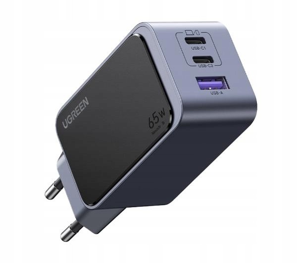 Ugreen Nexode S 65W charger in sleek gray with a matte black top, featuring three ports: USB-C (x2) and USB-A, designed for fast charging with GaN technology.