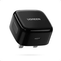 Black Ugreen PD 20W fast charger with UK plug, compact design, USB-C port, and glossy finish.