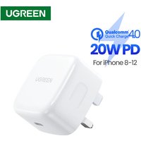 White Ugreen PD Fast Charger UK with three-pin plug, compact design, and 20W power delivery for iPhone 8-12.