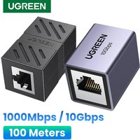 UGREEN RJ45 Ethernet extender, black and silver, gigabit female to female adapter for Cat7 Cat6 Cat5e cables.