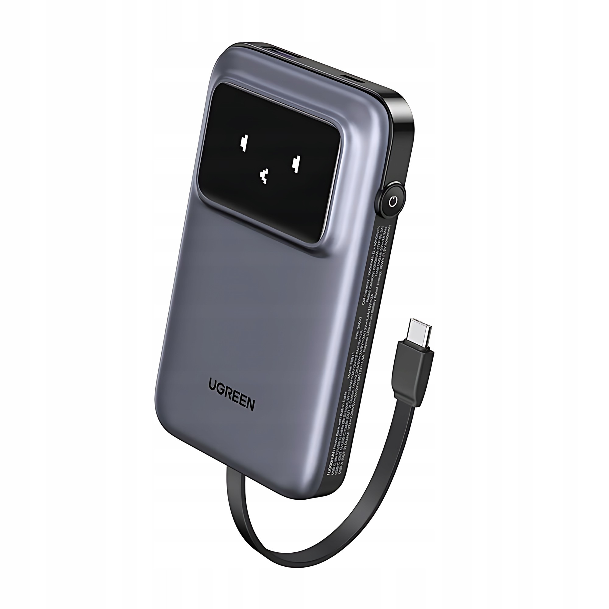 Black Ugreen UNO 10000 mAh wireless charger featuring a sleek design, LED indicators, and a built-in USB-C cable for convenient charging.