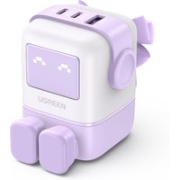 White and lavender Ugreen USB-A+2C 65W GaN charger with cute robot design and foldable plug.