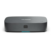 Sleek anthracite media player with a smooth finish, featuring a central button and subtle branding, designed for UHD streaming.