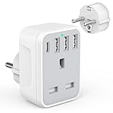 White UK to EU travel adapter with 4 USB ports, including 1 USB-C, and grounded plug, by Omivine.