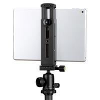 Black Ulanzi U-Pad Pro Tripod Mount securely holds a tablet in portrait orientation, featuring adjustable clamps and a sturdy base for stability.