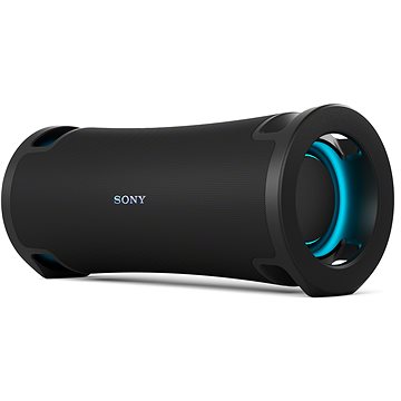 Black cylindrical wireless Bluetooth speaker with a glowing blue LED ring, featuring a robust design, X Balanced Speaker technology, 30-hour battery life, and IP67 waterproof rating.