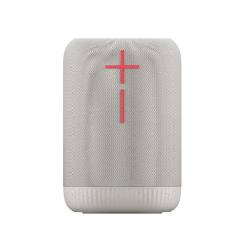 Portable white speaker with a textured fabric finish, featuring a prominent red plus sign and a sleek, rounded design, ideal for parties and outdoor use.