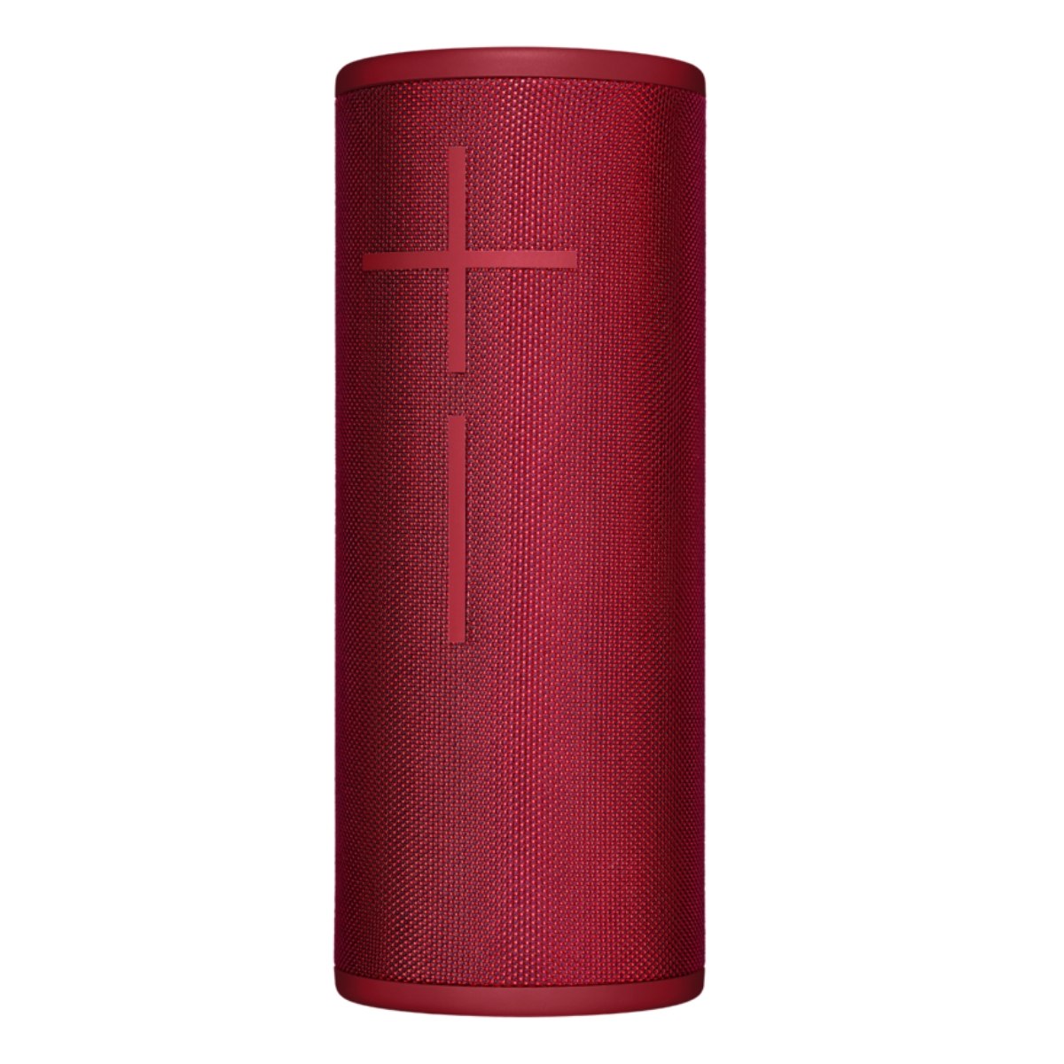 Red cylindrical Bluetooth speaker with a textured fabric exterior, featuring a prominent white plus and minus symbol for volume control, and a durable design for outdoor use.