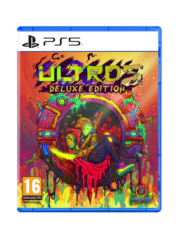 Colorful game cover featuring "Ultros: Deluxe Edition" for PS5, with vibrant artwork of a character in a sci-fi setting, surrounded by vivid plants and a circular frame.
