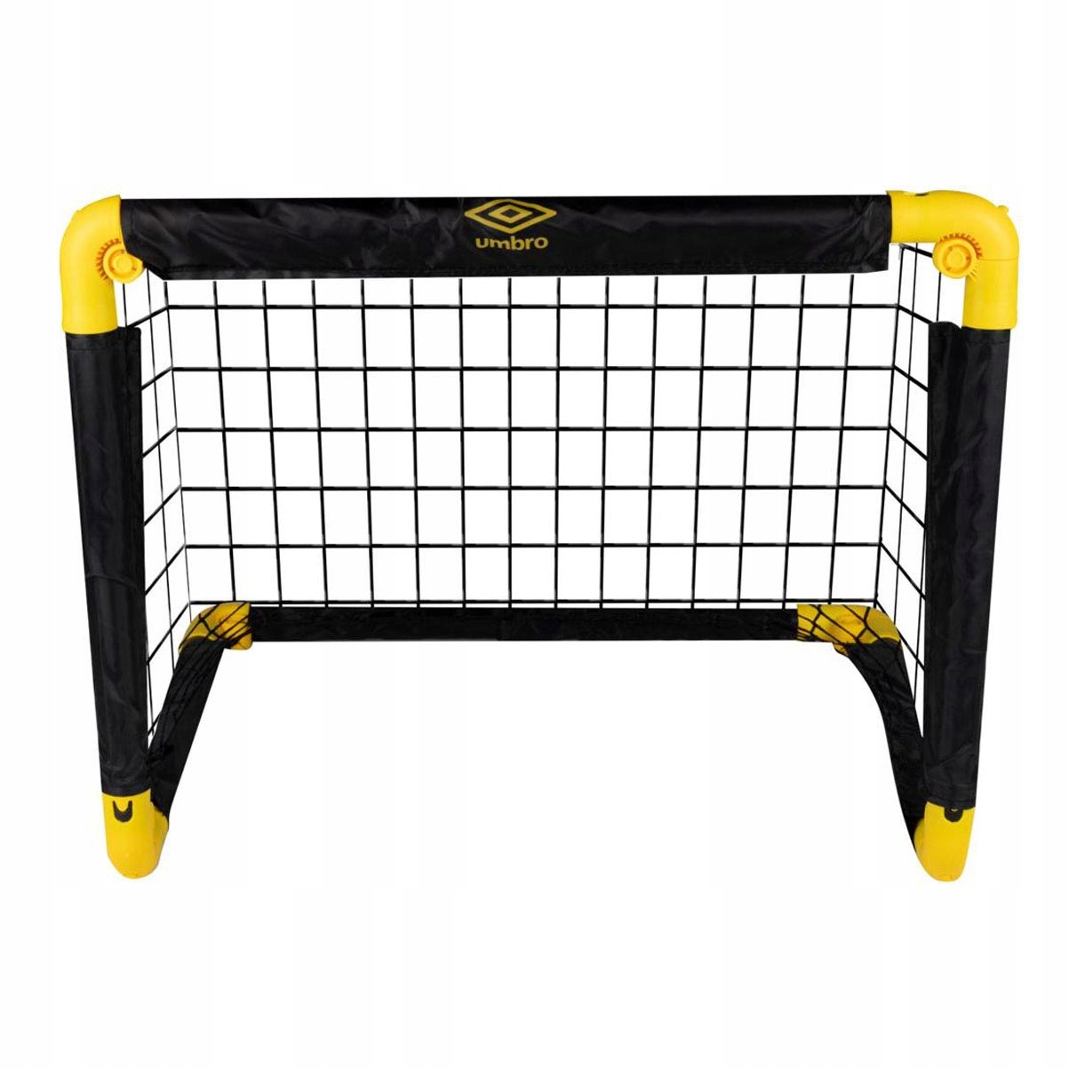 Foldable 2ft football goal by Umbro featuring a black frame with yellow accents, a durable net, and a compact design for easy storage and transport.