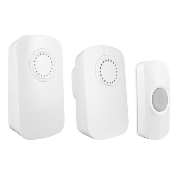 White Uni-Com Smart Portable and Plug-in Door Chime Set featuring two chime units and one push button, all with a sleek, modern design and circular sound holes.