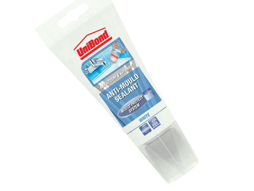Translucent tube of UniBond Anti-Mould Sealant, 150ml, featuring a white color, with clear labeling and a pointed nozzle for precise application.