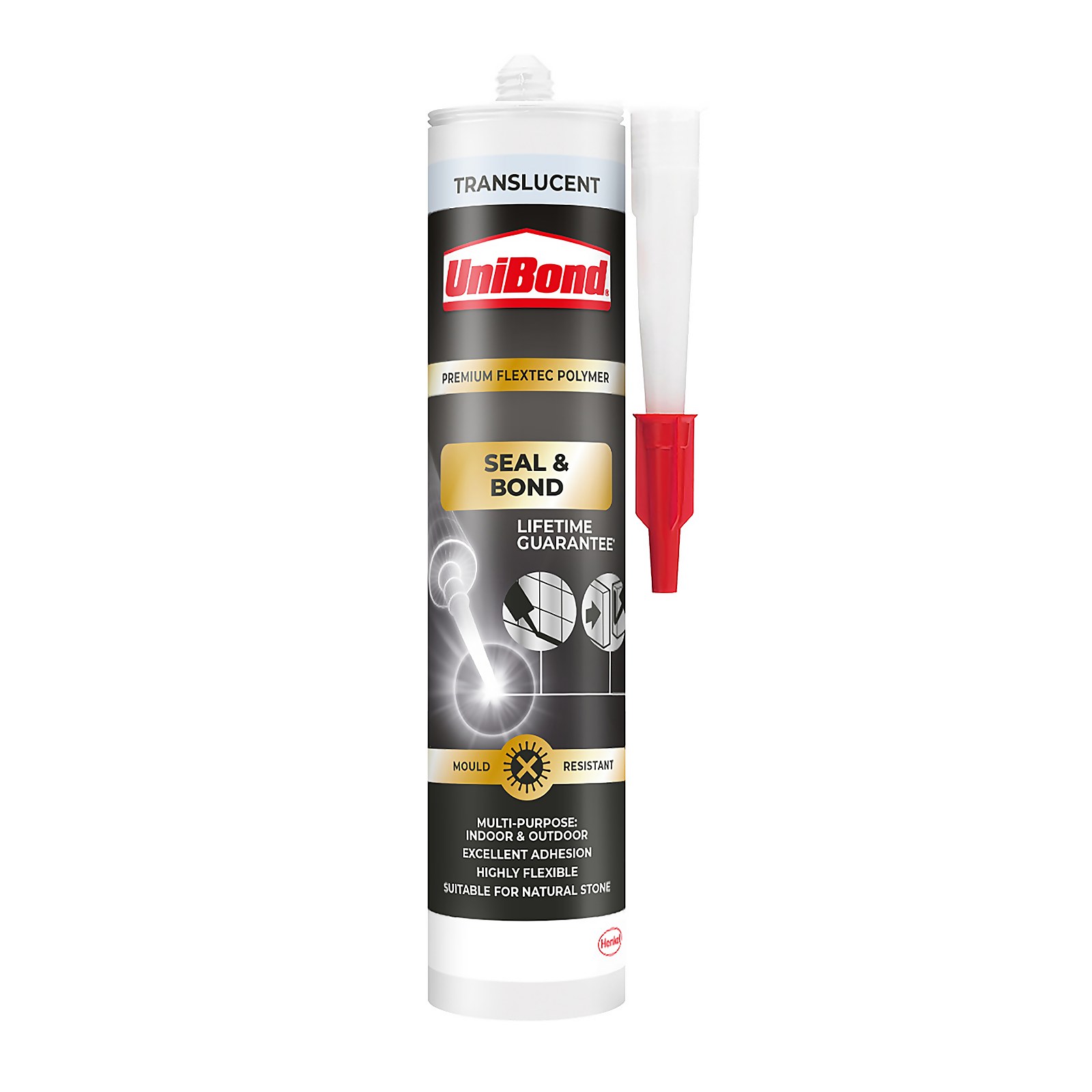 Translucent adhesive cartridge labeled "Seal & Bond" by Unibond, featuring a red nozzle and a white body, designed for multi-purpose use, mold-resistant, and suitable for natural stone.