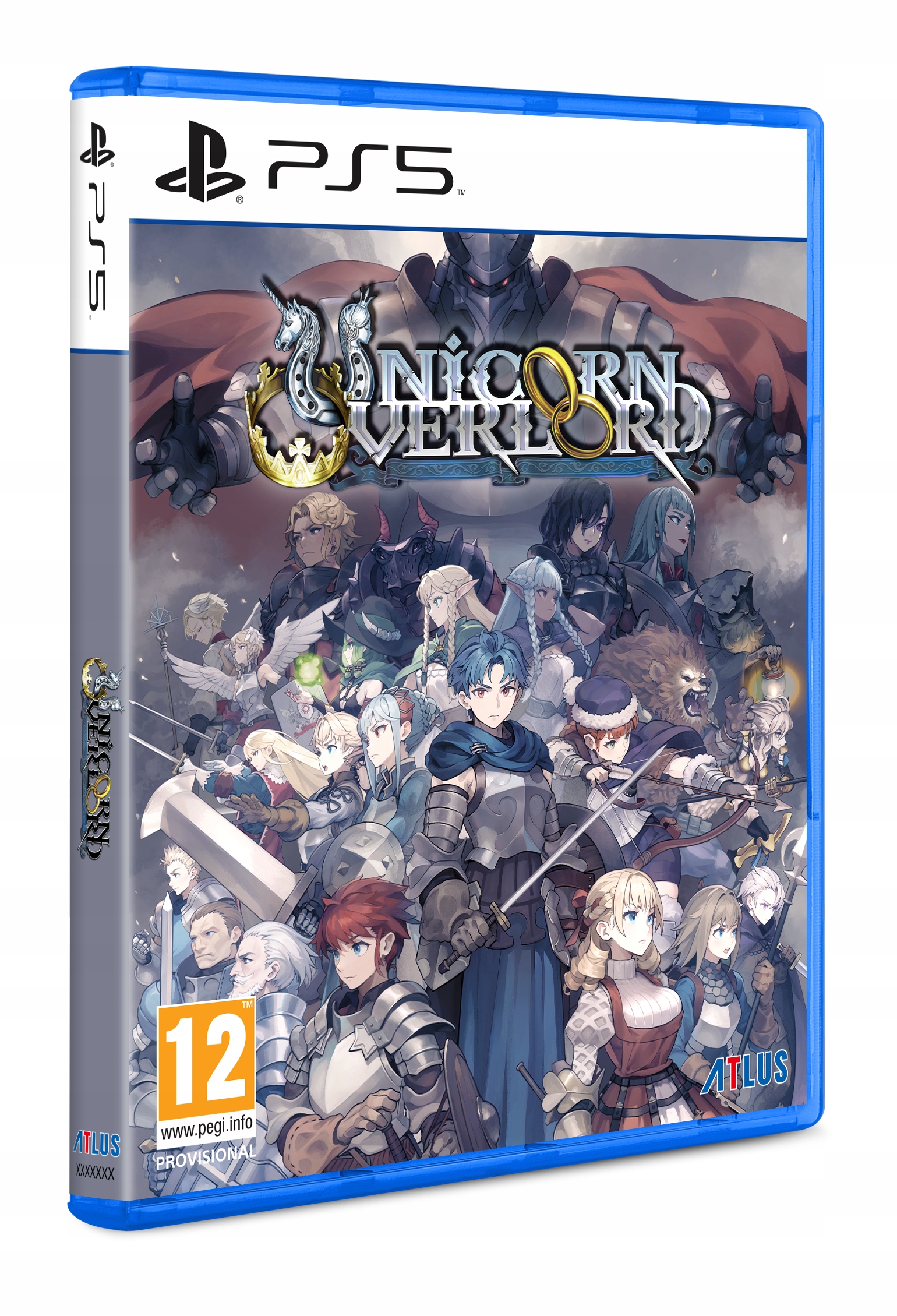 Colorful PS5 game case featuring "Unicorn Overlord" by ATLUS, with an illustrated fantasy scene of characters and a large armored figure, set against a vibrant background.