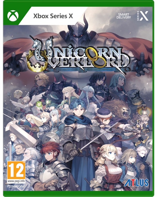 Colorful game cover featuring "Unicorn Overlord" with a fantasy theme, showcasing characters in armor and magical elements, set against a backdrop of a giant figure.
