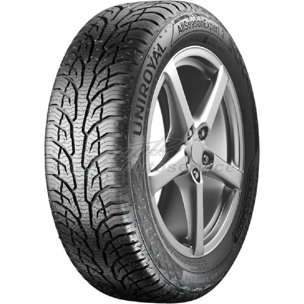 Black tire with a detailed tread pattern, labeled "Uniroyal AllSeasonExpert 2," featuring a size of 185/60 R15 88T XL EVc, mounted on a silver alloy wheel.