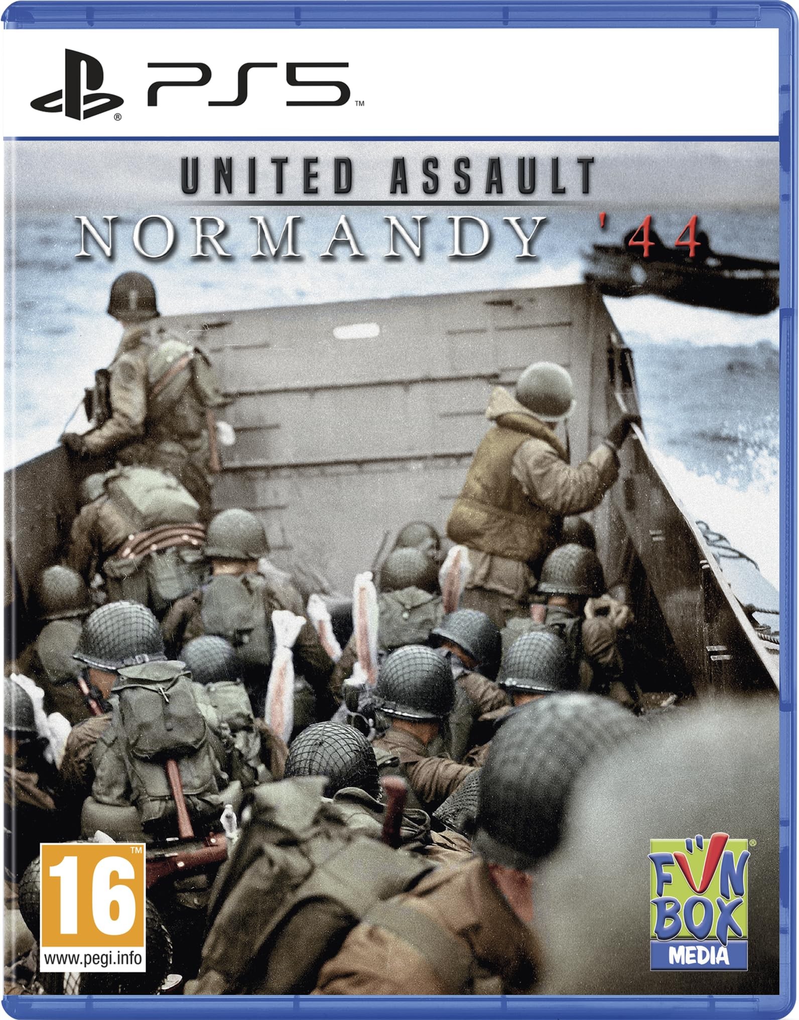 United Assault: Normandy '44 for PS5 features a blue case with soldiers in combat gear disembarking from a landing craft, set against a dramatic wartime backdrop.