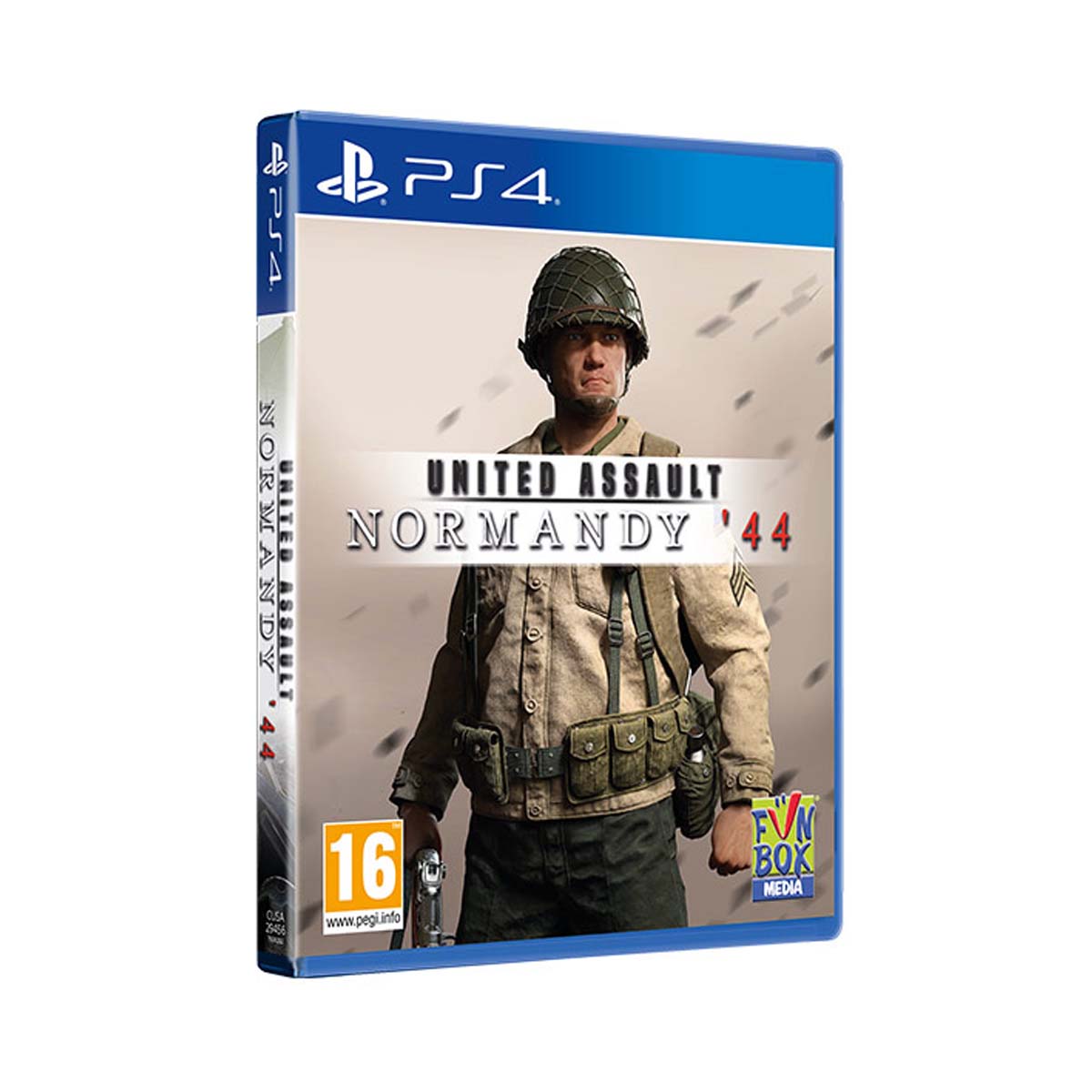 Blue PS4 game case featuring "United Assault: Normandy '44" title, with a soldier in a helmet on the cover and a 16 rating logo on the bottom left.