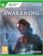 Green Xbox Series X game case featuring "Unknown 9: Awakening" with a dramatic cover art showing a woman in a mystical setting, labeled with a 16+ rating.