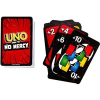 "Uno Show Em No Mercy card game with red deck cover and black cards featuring colorful numbers and symbols."