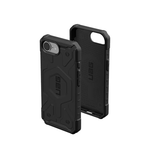 Black rugged case for iPhone 16e by Urban Armor Gear, featuring a textured surface, reinforced edges, and MagSafe compatibility for secure attachment.