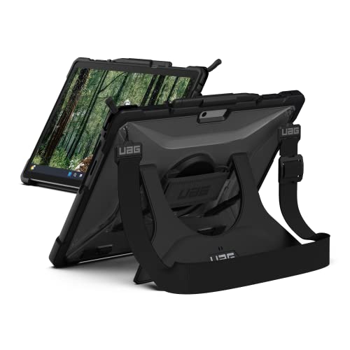 Clear rugged case for Surface Pro 9 featuring a handstrap and shoulder strap, with a durable design and black accents, showcasing a sturdy back cover and adjustable stand.