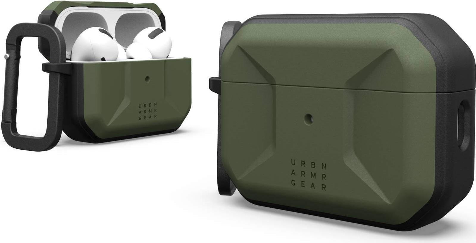 Olive green Urban Armor Gear Civilian Case with a rugged design, featuring a secure closure and a carabiner attachment for easy portability.