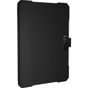 Black Urban Armor Gear UAG case for iPad 10.2-inch, featuring a textured surface, slim design, and reinforced edges for protection, made from polyurethane and thermoplastic polyurethane.