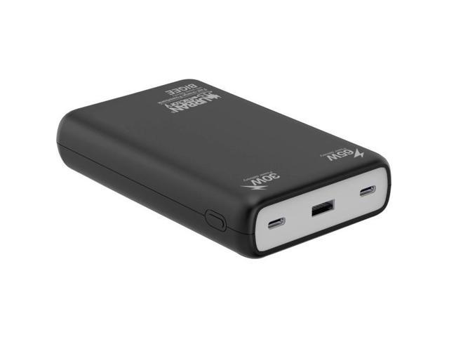 Black Bigee XL power bank with a sleek design, featuring two USB-C ports and a power delivery of 65 watts, labeled with "Urban Factory" branding.