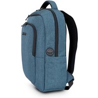 Blue Urban Factory laptop backpack with padded straps, front zipper pocket, and side mesh pocket.