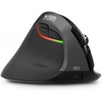Black Urban Factory left-hand ergonomic mouse with RF wireless, Bluetooth, 4000 DPI, USB-C port, and LED indicator.