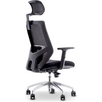 Black ergonomic office chair with adjustable headrest, mesh back, cushioned seat, and chrome base with caster wheels.