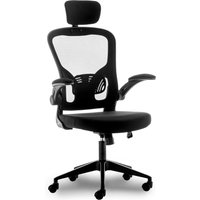 Black ergonomic office chair with mesh back, adjustable armrests, headrest, and wheeled base.