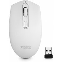 White wireless mouse with scroll wheel and USB receiver, Urban Factory branding, 1200 DPI, sleek design.