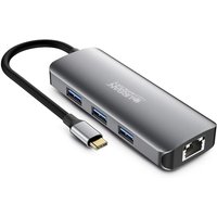 Gray Urban Factory USB-C hub with 3 USB-A ports, HDMI, RJ45, 2 card readers, and USB-C 100W PD, compact design.