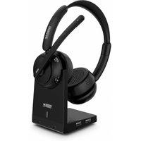 Black Urban Factory Bluetooth headset with ANC/ENC, cushioned ear pads, adjustable headband, and charging stand.